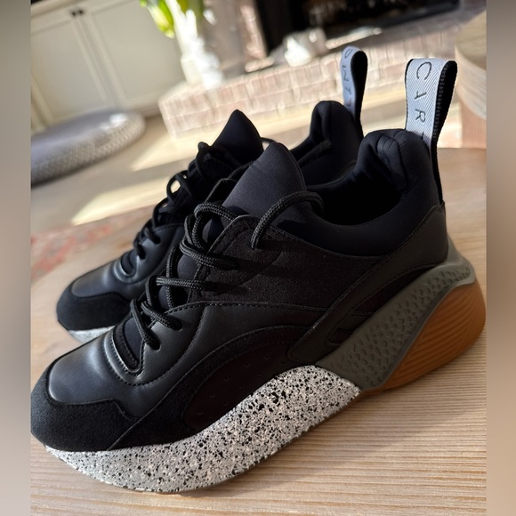 Stella McCartney Black Faux Leather + Suede Eclypse Low Top Sneakers Sz 37 $685 - Picture 4 of 9